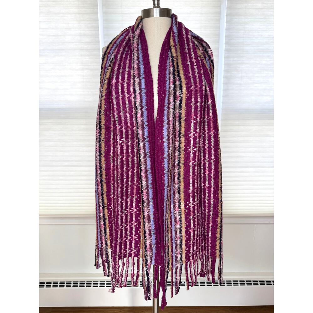Vintage Missoni Scarf, Mohair Blend, Burgundy Pink Stripe, Fringe, Italy, NWT - Picture 2 of 8